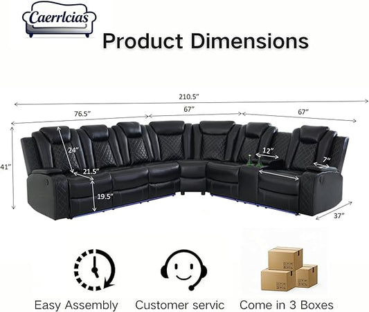 Power Recliner Sectional Sofa with LED Lighting, Breathing Leather Corner Couch with USB and Storage Console, Cup Holders, Reading Light – Home Theater & Living Room Seating (Black)