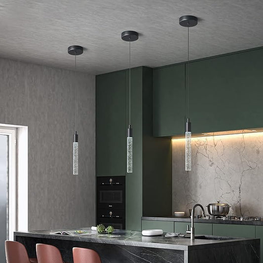 Modern Kitchen Island Pendant Light Dimmable LED Black Finish Mini Crystal Pendant Lighting Bedroom Bedside Table Small Pendant Lights(1-Pack)