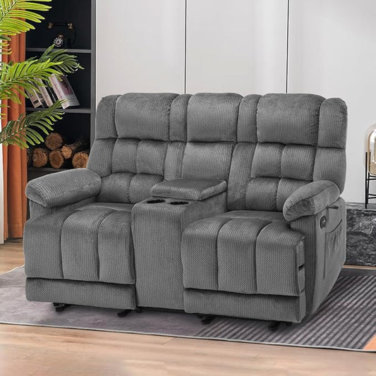 MCombo Zero Gravity Power Loveseat Recliner with Console, Heat and Vibration Massage, Reclining Loveseat Sofa with USB Ports, Cup Holders for Living Room, Fabric RS6234 (Grey)