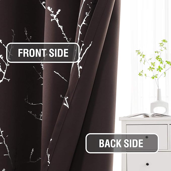 H.VERSAILTEX Blackout Curtains for Bedroom Foil Print Twig Tree Branch Thermal Insulated Grommet Curtain Drapes Light Blocking Thick Soft Window Curtains for Living 52 x 84 Inch, 2 Panels, Brown