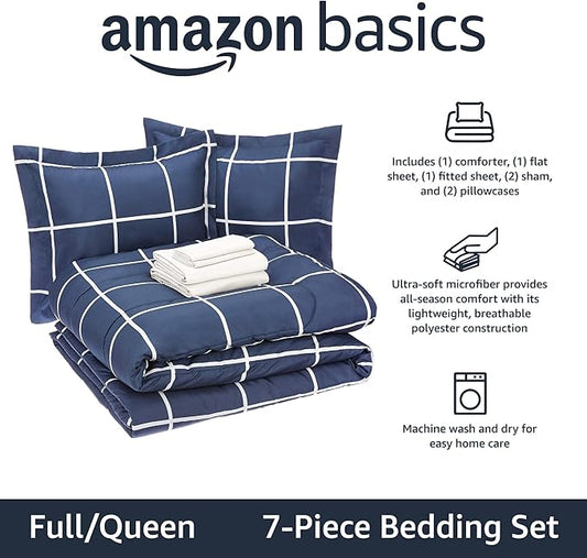 Amazon Basics Lightweight Microfiber Comforter Set with Sheets, 7-Piece, Bed-In-A-Bag, Full/Queen, Navy with Grey Plaid, Machine Washable