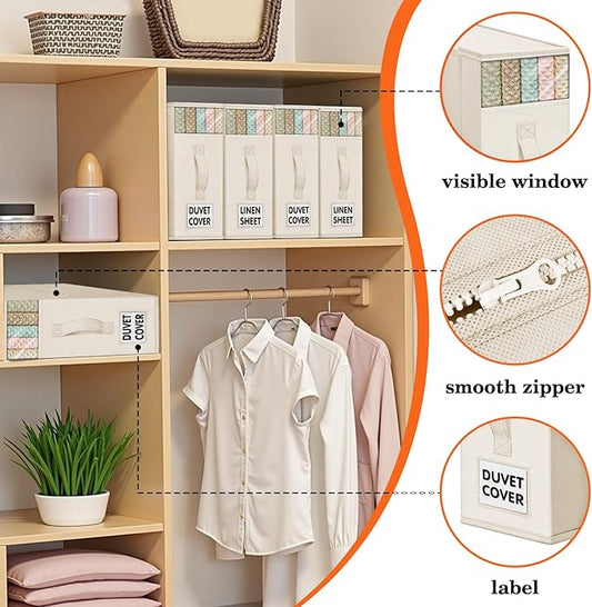 WOWBOX Sheet Organizers and Storage,Closet Bed Sheet Organizer Under Bed Storage and Organization with Label Cards & Clear Window for Bedding Sheets,Duvet Covers,Blankets (6 Pack,Beige)