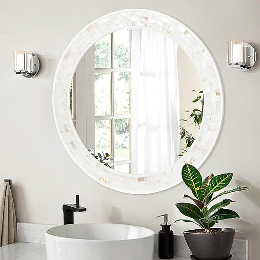 Tanmicoshomy 24 Inch Round Wall Mirror with Mother of Pearl Frame, White Circle Mirrors with Tempered Glass, Shatterproof for Bathroom, Bedroom or Entryway