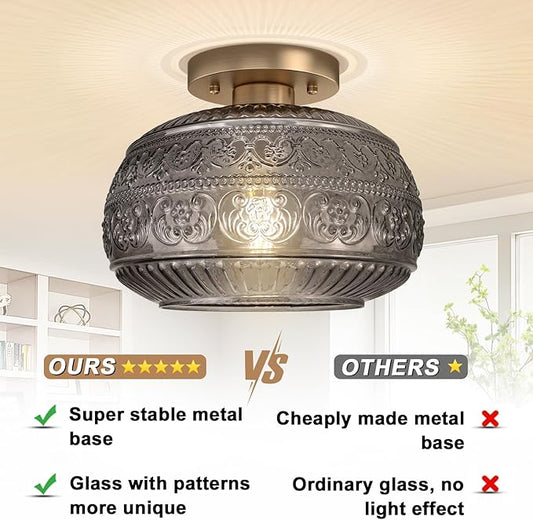 Semi Flush Mount Ceiling Light Fixture, 11" Vintage Gold Hallway Lights Fixture Ceiling with Grey Glass for Kitchen, Hallway, Bathroom and Entry Way,Compatible with E26 Light Bulb