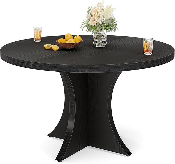Tribesigns Round Dining Table for 4-6, 47.24-Inch Farmhouse Kitchen Table, Wood Dining Table with Pedestal Base, Small Dinner Table for Dining Room,Living Room, Small Space, Black