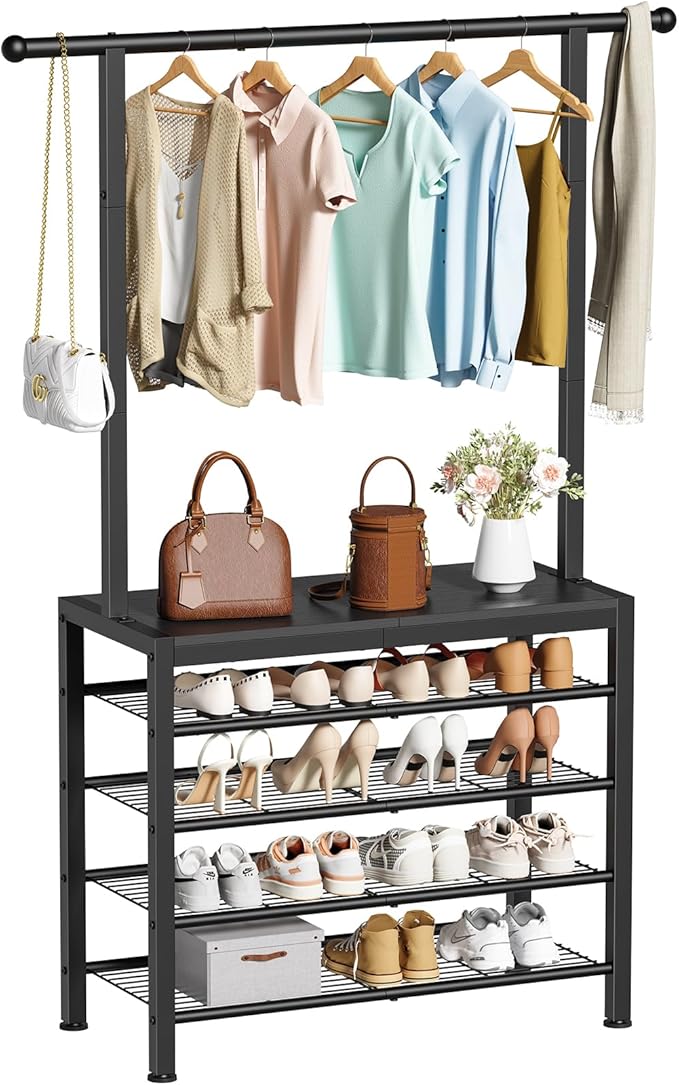 Hall Tree, Entryway Shoe Rack with Coat Rack, 5 Tier Adjustable Shoe Storage with 45.7" Long Coat Rack for Front Door, Garage, Closet, Freestanding, Industrial, Ink Black