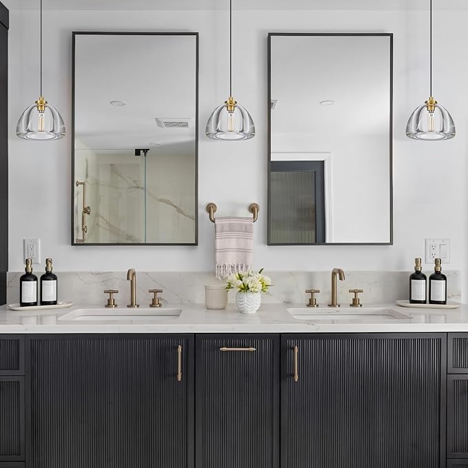 Crystal Pendant Light Kitchen Island: 7" Vintage Brass Hanging Lights above Dining Table - Modern K9 Crystals Lighting over Kitchen Sink - Luxury Gold Hemispher Pendants Light Fixtures Bulbs Included
