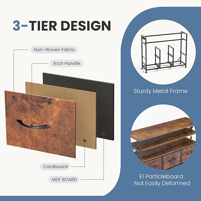 DUMOS TV Stand for Up to 45 inch TV, Wood Top TV Media Console Table with 6 Fabric Drawers, 2 Shelves, Entertainment Center with LED Lights & Charging Station for Living Room, Hallway, Brown