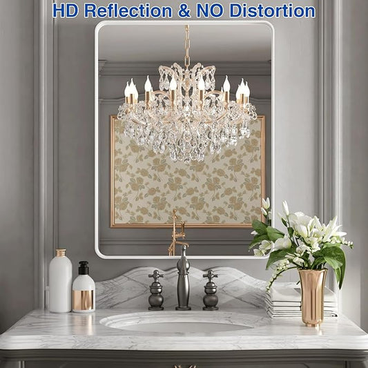 WEER White Bathroom Mirror 22X30 Inch, Rounded Rectangle White Metal Frame Mirror, Matte White Bathroom Vanity Mirror with Tempered Glass, Anti-Rust, Hangs Horizontally or Vertically