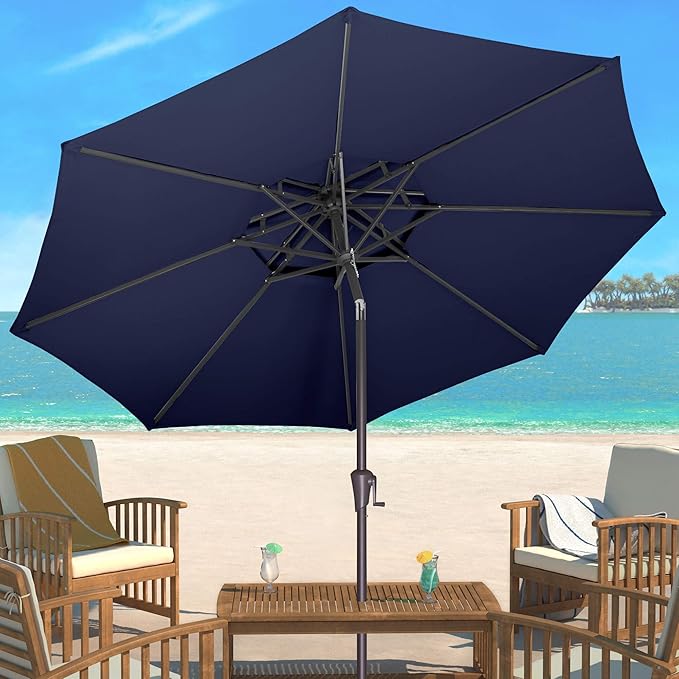 9FT Outdoor Patio Umbrella - 2 Tiers Table Umbrella Waterprool UV Protection, Sombrillas de Patio with Push Button Tilt, Sun Umbrella for Pool, Porch, Garden, Backyard (Navy Blue)