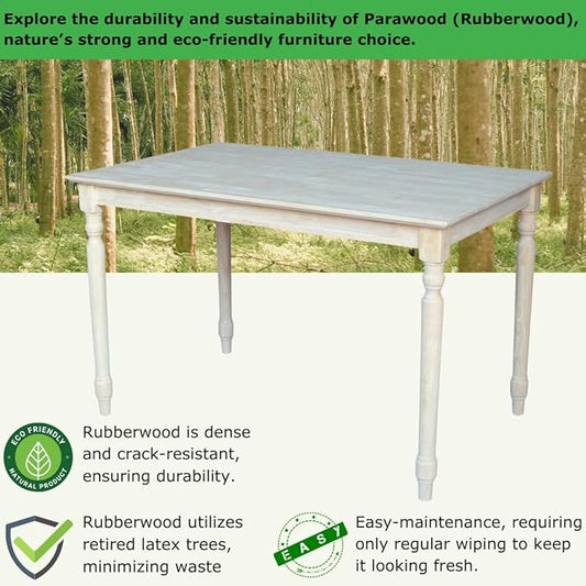 IC International Concepts, Solid Wood Top Table - Turned Legs, Solid Wood, Real Parawood, 30" W x 48" D x 30" H, Easy Assembly, DIY, Paint or Stain Your Way, Unfinished