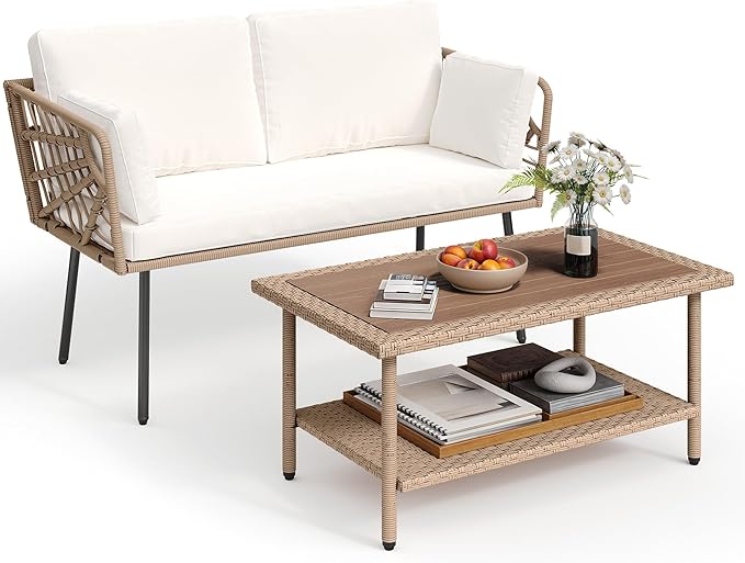 YITAHOME 2 Pieces Patio Furniture Set, All-Weather Wicker Loveseat with Thick Cushions & Rattan Table, Outdoor Conversation Set for Patio, Balcony, Backyard, Deck, Poolside