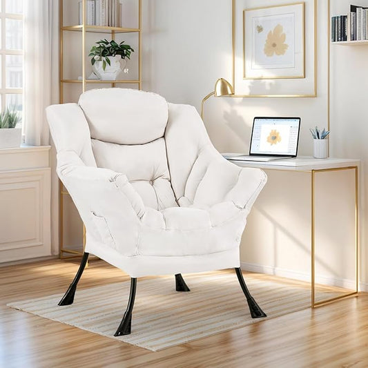 Lazy Chair for Living Room, Modern Accent Chairs with Armrests, Beige Armchairs with Side Pocket, Cozy Lazy Sofa for Reading, Balcony, Bedroom, Dorm, Small Spaces