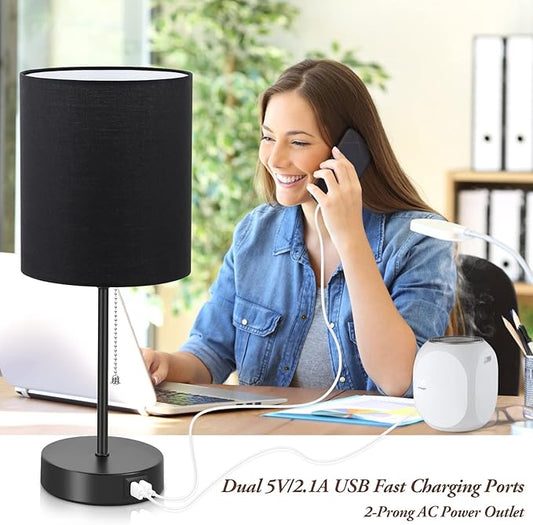Table Lamps Set of 2 with USB Charging Ports, Black Bedside Lamps with AC Outlet, Nightstand Lamps with Pull Chain Switch, Minimalist Modern Desk Lamps with Fabric Shade for Living Room Bedroom Office