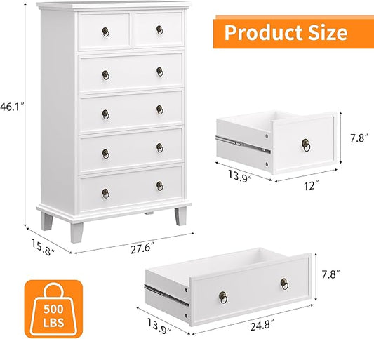 6 Drawer Tall Dresser for Bedroom, White Large Chest of Drawers, Modern Farmhouse 6 Drawers Storage Dresser for Living Room, Hallway, Entryway, Home Office