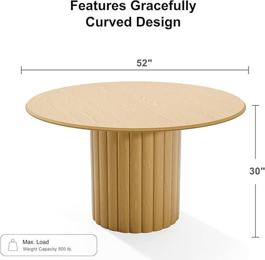 Casaphoria 52" Round Dining Table, Modern Wood Kitchen Table with Cylindrical Wide Bar Protruding Base for Living Room & Dining Room, Easy Assembly Farmhouse Furniture for 4-6, Oak