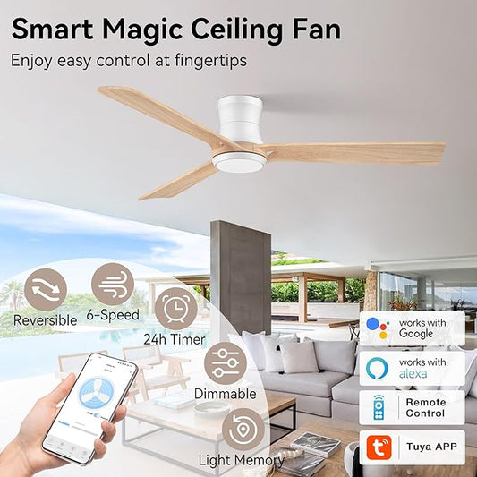 52in Smart Ceiling Fans with Lights,Low Profile Modern Wood Ceiling Fans,Remote/APP/Alexa Control,Outdoor Indoor Flush Mount Ceiling fan,for Bedroom Living room Patio,3 Blade,Light Wood,6 Speeds,Quiet