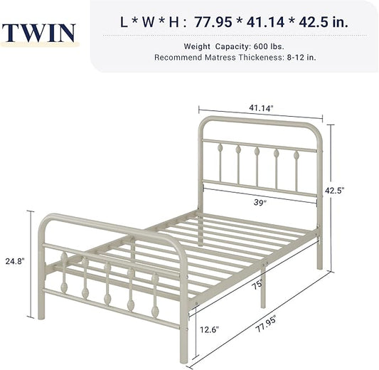 Allewie 14 Inches Twin Size Metal Platform Bed Frame with Victorian Style Iron-Art Headboard/Footboard, Mattress Foundation, Easy Assembly, Under Bed Storage, No Box Spring Required, Off White