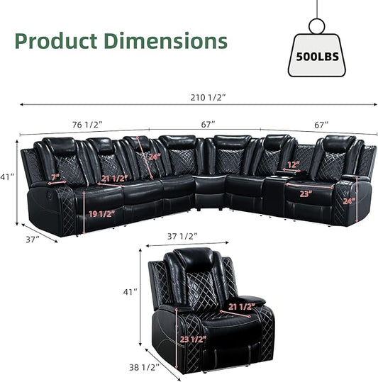 Power Reclining Sectional Sofa Set, Leather Sectional Couch with LED Lights, USB Ports, Storage Console & Cup Holders, L-Shaped Living Room Furniture for Home Theater