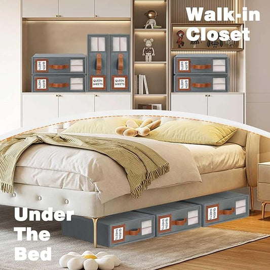 GhvyenntteS 12 Pack Bed Sheet Organizers and Storage, Sturdy Bed Sheet Organizer with Zipper and Handle, Foldable Linen Closet Organizers and Storage with Window and Label, Grey