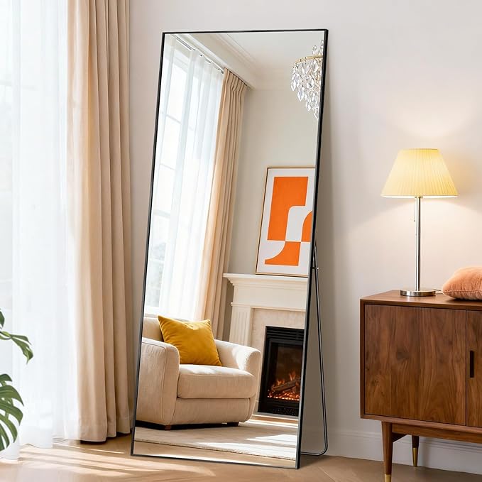 DUMOS Full Length Mirror with Stand, 56"x21" Floor Mirror with Aluminum Alloy Frame for Bedroom, Standing Full Body Mirror with Shatter-proorf Nano Glass for Wall, Living Room, Cloakroom, Black