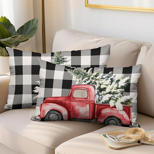 Christmas Lumbar Pillow Covers 12x20 Set of 2 Black and White Buffalo Plaid Red Truck Christmas Tree Decorative Throw Pillow Covers Xmas Winter Holiday Pillow Case for Outdoor Couch Patio