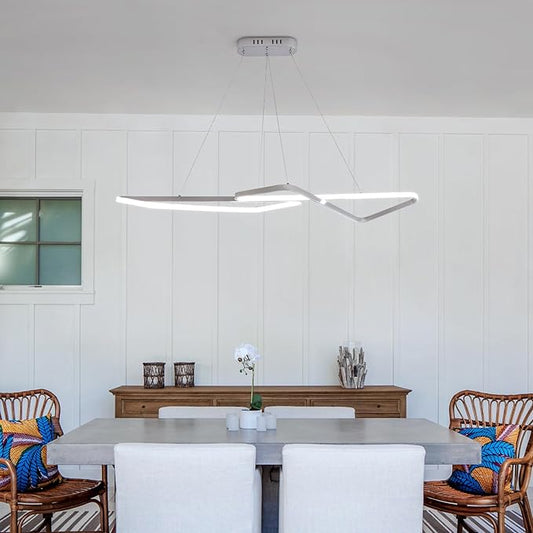 47.24 in Dimmable Modern LED Chandeliers for Dining Room - Adjustable Height Pendant Light Fixture Over Table, Contemporary Silver Chandelier Light Fixture (Chrome 47.24")