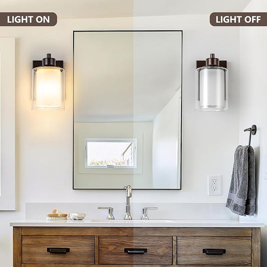 2 Pack Bath Vanity Light Fixtures, Modern Indoor Wall Scone Lighting with Dual Glass Shade, Oil Rubbed Bronze Wall Lamp for Bedroom Mirror Kitchen Living Room Entryway