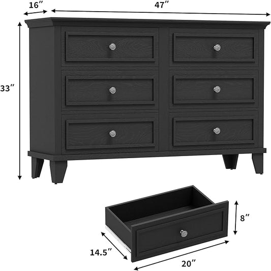 GAOMON Dresser for Bedroom, 6 Drawer Wide Dresser Storage Organizer, Modern Wooden Chest of Drawers with Metal Handles for Hallway, Entryway, Home Office, Black