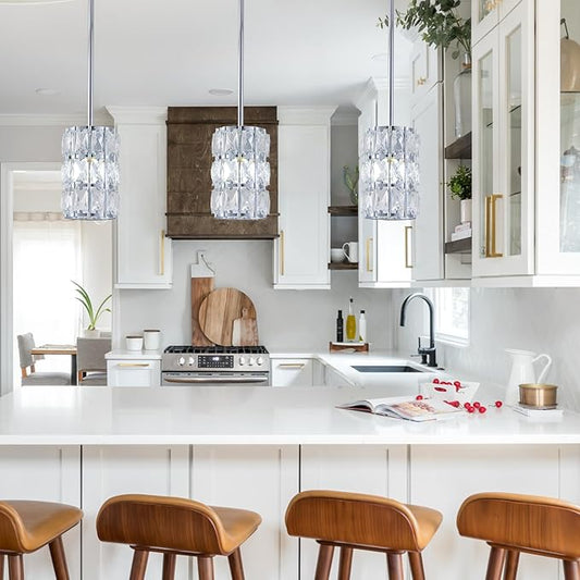 CALDION Modern Crystal Pendant Light 3-Pack Chrome Finish Pendant Lights Mini Crystal Chandelier Adjustable Hanging Ceiling Light Fixtures for Kitchen Island Dining Room Bedroom Entryway Hallway Bar
