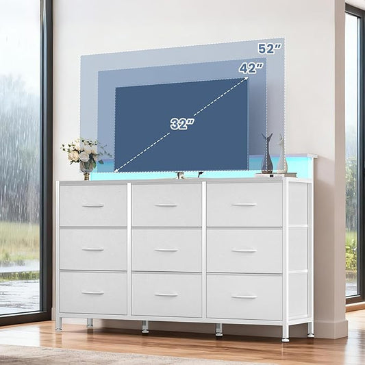 DUMOS TV Stand Dresser with 9 Fabric Drawers and Open Shelves, Entertainment Center with LED Lights, Charging Station for Bedroom, Wood Top Media Console for 45-55 inch TV Stand with Storage, White