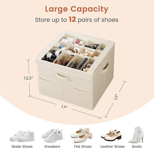 PHINOX Shoe Organizer for Closet, Fits 12-24 Pairs, Shoe Storage Bins with Clear Cover and Reinforced Handles, Foldable Shoe Storage Organizer, Space Saving Shoe Holder for Wardrobe, 1 Pack Beige
