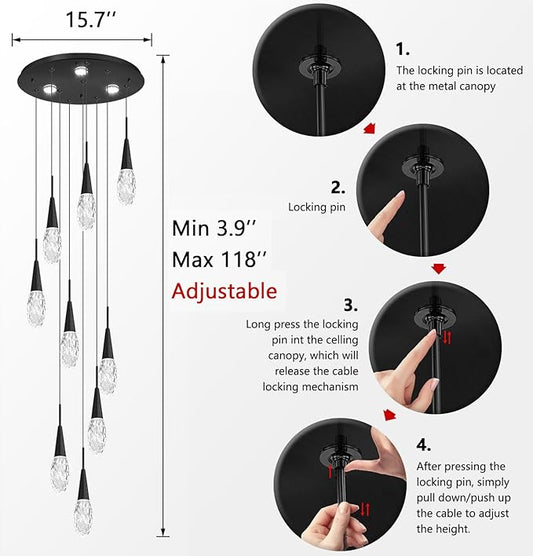 118 Inches Long Chandelier Adjustable Hanging Lights Modern Glam Crystal Ceiling Pendant Dimmable Lighting Fixture for Hallway Foyer Living Room Black