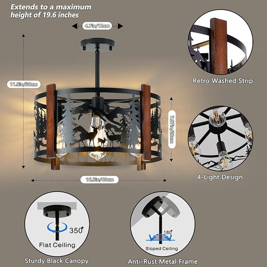 Farmhouse Rustic Deer Ceiling Light Fixtures, 4-Light Round E26 Base Black Metal Wooden Fixture for Kitchen, Living Room, Foyer, Bedroom, Hallway-16.5" L* 16.5" W * 11.8" H