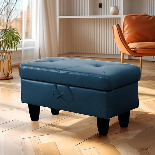 Ottoman Rectangular Storage Ottoman Bench, Faux Leather Footrest, Coffee Table, Stool Footstool with Hinged Lid for Living Room, Bedroom, Entryway, Navy Blue, 28.5"x19"x17.5"