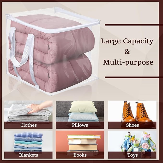 6 Pcs Clear Storage Bags With Zipper 12 × 12 × 12 inch PVC Clear Clothes Storage Bags with Reinforced Handles Moving Bag with Zippers for Clothes, quilts, shoes, blankets (6)