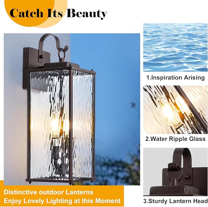 18โ Large Oil Rubbed Bronze Outdoor Lighting 1 Pack, 2-Light Bulb Water Ripple Glass Exterior Light Fixture Brown Wall Sconce Outside Light for House IP65 Waterproof Front Porch Lantern, E12