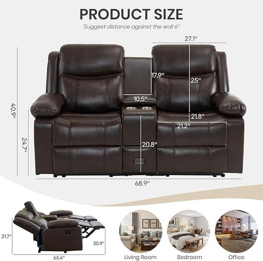 Recliner Sofa, Reclining Loveseat Sofa with Massage & Heat, Reclining Couch with Side Pockets, Extra Storage, Cup Holders for Living Room