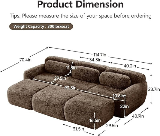 114.7" Sectional Sofa Bed, 6-Seater Modular Sleeper Boneless Couch with Movable Ottoman, Plush Convertible Sofa Set Deep Seat Couches for Living Room, Bedroom and Apartment, Chocolate