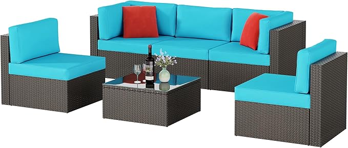 Shintenchi 6 Pieces Patio Furniture Sets Outdoor All-Weather Sectional Patio Sofa Set PE Rattan Manual Weaving Wicker Patio Conversation Set with Glass Table&Ottoman Cushion and Red Pillows, Blue