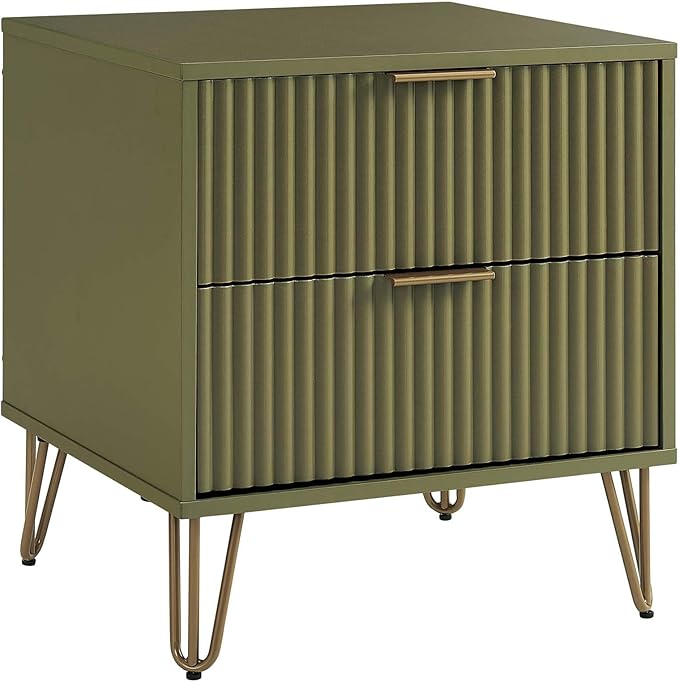 Manhattan Comfort Dumbo Modern Nightstand 2.0 with 2 Drawer and Metal Feet | Splayed Gold Legs | Vertical Ribbed Design | No Tool Assembly Storage for Bedroom, Set of 2, Set of 2, Olive Green
