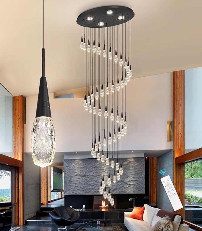 56-Lights 20 Feet Large Modern Chandelier LED Light Fixtures High Ceiling Long Light Chandelier for Entrance Foyer Dimmable Lights with Remote Living Room Ceiling Pendant Lighting Black