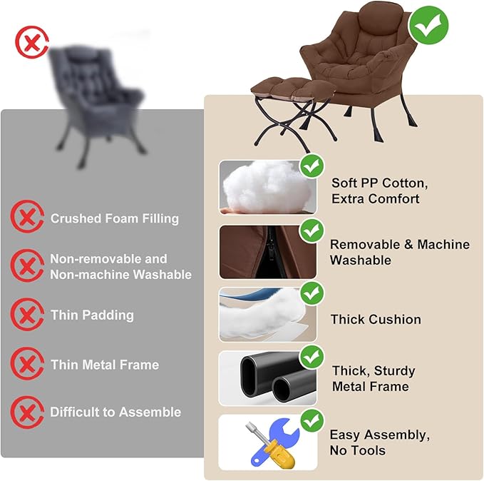 Lazy Chair with Ottoman, Modern Accent Chair with Folding Footrest, Dark Brown Sofa Chair Set, Comfortable Reading Chairs, Oversized Armchairs for Bedroom, Study, Living Room, Courtyard