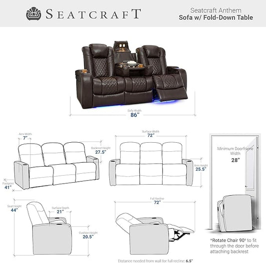 Seatcraft Anthem Home Theater Seating - Italian Leather - Power Recline Sofa - Fold-Down Table - Powered Headrests - Arm Storage - USB Charging - Cup Holders, Brown