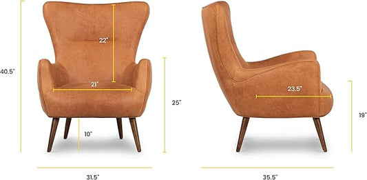 Poly & BARK Aida Leather Lounge Chair Set of 2 – 40.5” Mid-Century Accent Chairs for Living Room or Bedroom – Full-Grain Italian Leather, Feather-Down Comfort, Solid Wood Legs – Cognac Tan