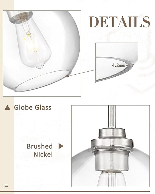 Globe Pendant Light Fixture, 8'' Modern Brushed Nickel Hanging Light with Clear Glass for Kitchen Island Dining Room Bedroom Hallway Foyer (1 Pack), PL101BN-L