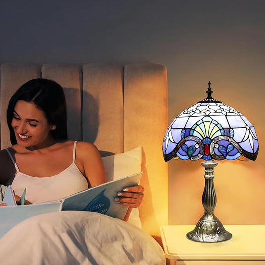 YingJu Tiffany Lamp,Blue Stained Glass Lamp,12X12X19 Inches Vintage Table Lamp for Bedroom,Living Room,Home Office(Including 2 LED Bulbs)