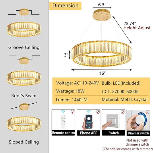 16'' Modern Ring Chandelier Crystal Chandeliers for Dining Room Round LED Dimmable Ceiling Light Fixture for Living Room Bedroom Lighting Gold