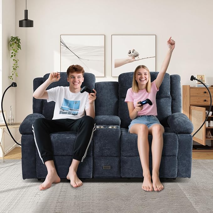 Manual Reclining Loveseat Sofa with 360°Adjustable Phone Holder, Center Console Storage with Type-C Charging & USB, Adjustable Headrest, Cupholders, Hidden Storage Drawer, Living Room, Home Theater