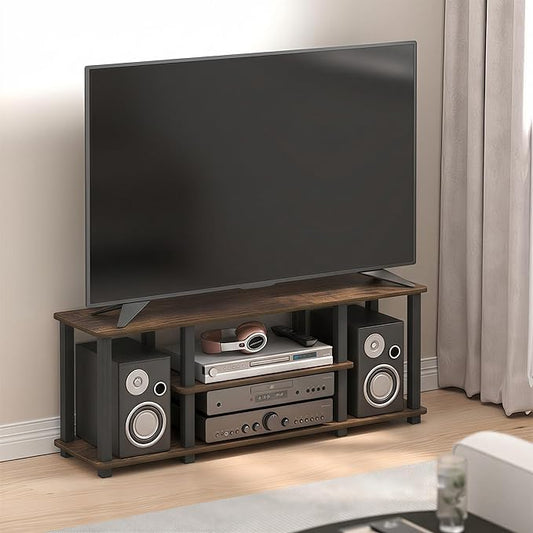 Furinno Turn-S-Tube TV Stand, 3-Tier Open Shelf Rectangular Entertainment Center, Open Frame TV Console for TV up to 50 Inch, Open Back, Toolless Assembly, for Living Room, Bedroom, Amber Pine